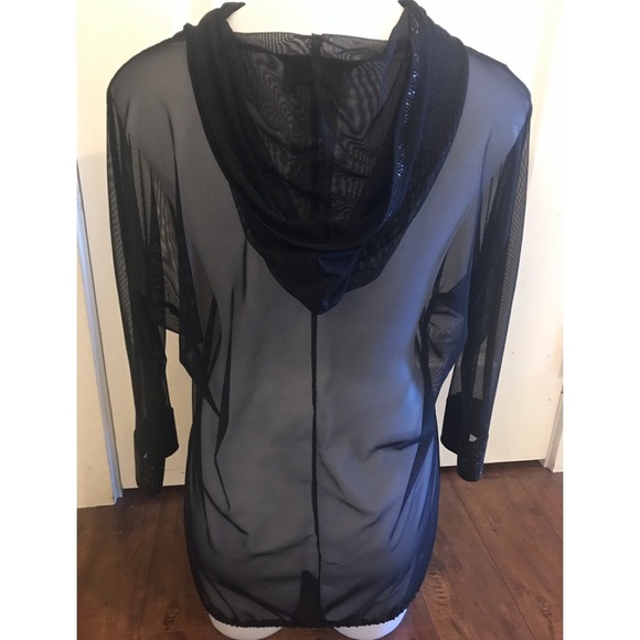 NWOT Joseph Ribkoff Sheer Black Hoodie With Rhinestone on hood and cuffs Top - Picture 2 of 11